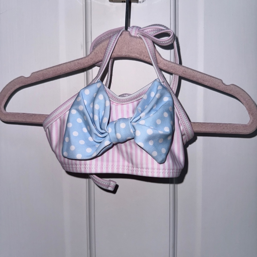 NWOT Stitchy Fish 12-18M Girls Pink and Blue Bikini Top with Polka Dot Bow Swim